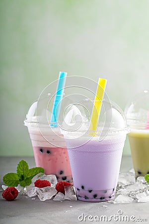 Variety of bubble tea in plastic cups Stock Photo