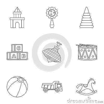 Variety of children toys icon set, outline style Vector Illustration