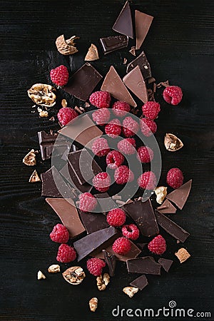 Variety of chopping chocolate with raspberries Stock Photo