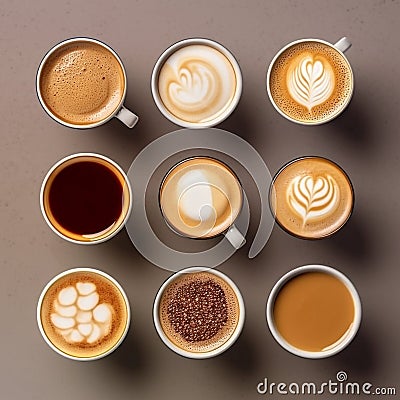 Variety of coffee like cappuccino, espresso, milk coffee, hot drink for breakfast, take a break Stock Photo