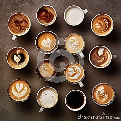 Variety of coffee like cappuccino, espresso, milk coffee, hot drink for breakfast, take a break Stock Photo