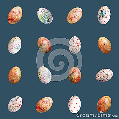 A variety of colored Easter eggs on a uniform blue background. Seamless pattern Stock Photo