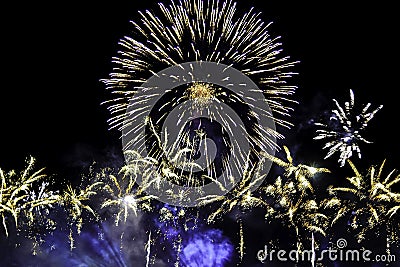 Variety colorful firework on the night sky background. Salute with yellow and blue flashes. Stock Photo