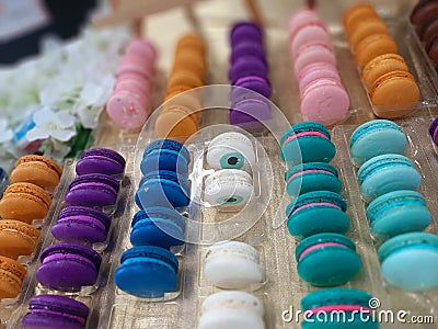 A variety of colorful French Macarons in different flavors. Stock Photo
