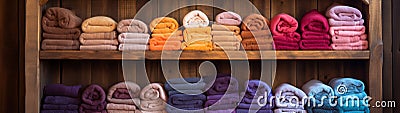 A variety of colorful, plush towels folded neatly and stacked upon a rustic wooden shelf Stock Photo