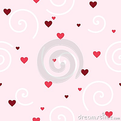 Fun Seamless Hearts and Swirls Pattern on Pink Vector Illustration