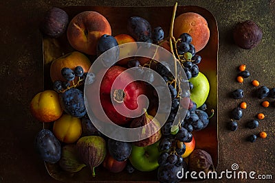 Variety of colourful fruits: pomegranate, grapes, peaches, plums, apples, figs on square platter Stock Photo