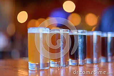 Variety of beer samples lined up for a tasting Stock Photo