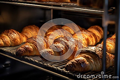 A variety of delicious croissants in different flavors and shapes arranged neatly on a rack, ready for purchase, fresh croissants Stock Photo