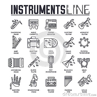 Variety of different music instruments and playing equipment. Icon set. Layout modern vector background illustration Vector Illustration