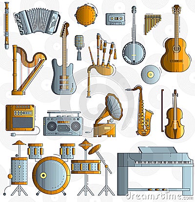 Variety of different music instruments and playing equipment. Layout modern vector background illustration design Vector Illustration