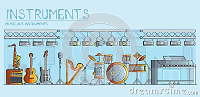 Variety of different music instruments and playing equipment. Layout modern vector background illustration design Vector Illustration