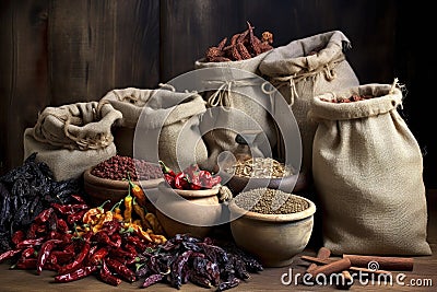 variety of dried chili peppers in rustic burlap sacks Stock Photo