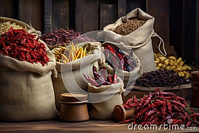 variety of dried chili peppers in rustic burlap sacks Stock Photo