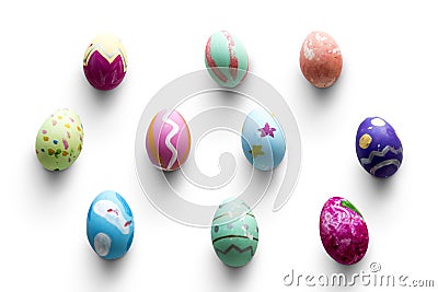 A variety easter painted eggs on background. Stock Photo