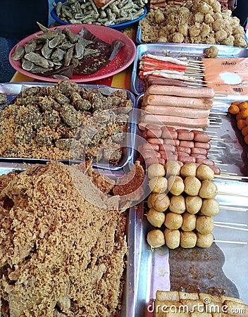 Variety of famous traditional Malaysian sweet and dessert sell-by hawkers in the street Ramadhan Bazaar. Stock Photo