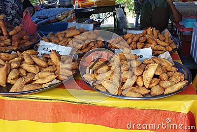 Variety of famous traditional Malaysian sweet and dessert sell-by hawkers in the street Ramadhan Bazaar. Stock Photo