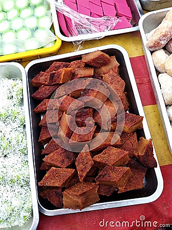 Variety of famous traditional Malaysian sweet and dessert sell-by hawkers in the street Ramadhan Bazaar. Stock Photo