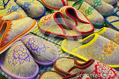 Variety of felted slippers Stock Photo