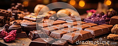 variety finest chocolate pralines on table. wide banner Stock Photo