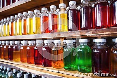 variety of flavored cough syrup bottles in the storage area Stock Photo