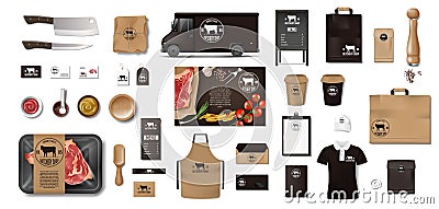 Variety of food in the butcher shop. Restaurant Brand Identity mockup set. Branding packaging elements meat, steak Vector Illustration