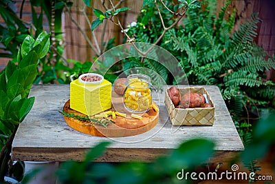 Variety of food packed without plastic Stock Photo