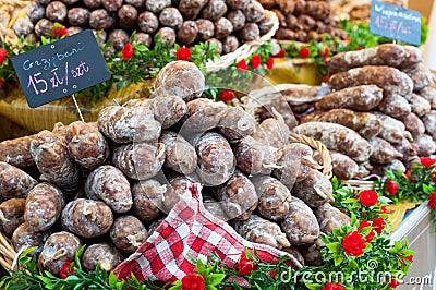 Variety of French brine cured sausage for sale Stock Photo