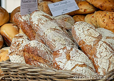 Fresh bread for sale at local farmers market Stock Photo