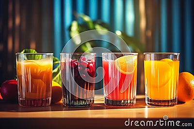 Variety of fresh fruits juices in glasses on wooden table, copy space. Well-being, balanced diet nutrient-rich and vitamins. Stock Photo