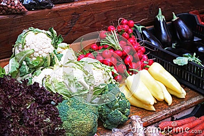 Variety of Fresh Local Raw Vegetables in The Basket on The Stall Ready for Sell in the Weekend Open Market Stock Photo