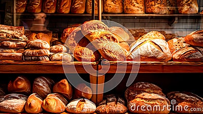 A variety of freshly baked bread on a wooden bakery table. Stock Photo