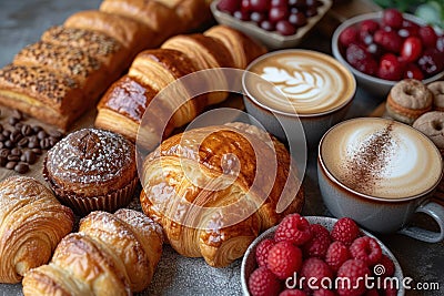 A variety of freshly baked pastries are beautifully arranged on a breakfast table Stock Photo