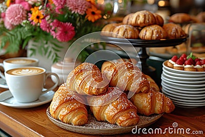 A variety of freshly baked pastries are beautifully arranged on a breakfast table Stock Photo