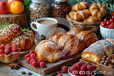 A variety of freshly baked pastries are beautifully arranged on a breakfast table Stock Photo