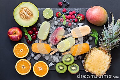 Variety of fruit and berries sorbet cones. Stock Photo