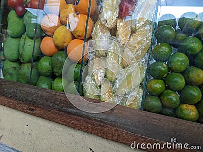 Variety of fruit ready to make juice in juice shop in Indonesia Stock Photo
