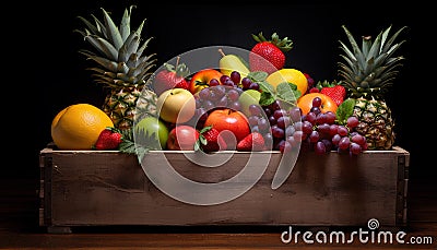 Variety fruite in the wooden box on black background Stock Photo