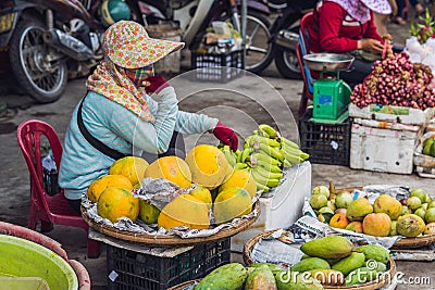 Variety of fruits on the Vietnamese market. Asian cuisine concept Editorial Stock Photo