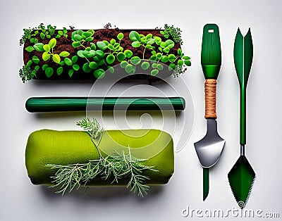 A variety of gardening tools including a garden tool and a garden tool. Top view Stock Photo