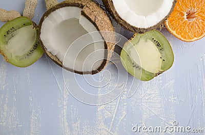 Top view of frame made of healthy vitamin meal on blue background.Empty space for text Stock Photo