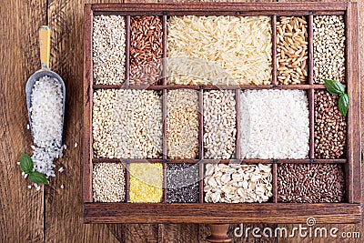 Variety of healthy grains and seeds Stock Photo