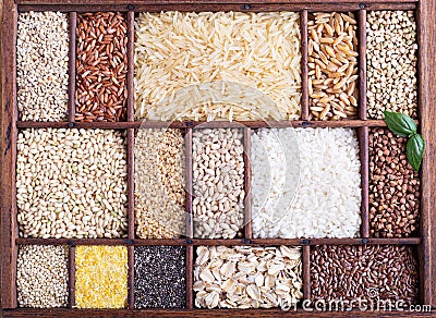 Variety of healthy grains and seeds Stock Photo