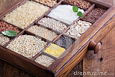 Variety of healthy grains and seeds Stock Photo