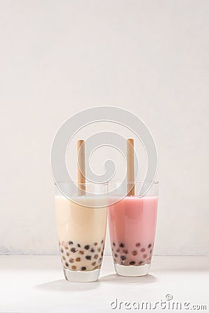 Variety of homemade bubble tea/ boba tea with tapioca pearls on white background Stock Photo