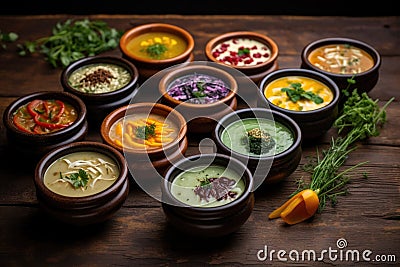 variety of homemade soups in individual bowls Stock Photo