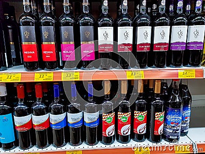 Variety of hungarian wines on local supermarket shelf. Editorial Stock Photo