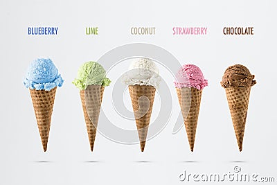 Variety of ice cream flavor in cones blueberry ,strawberry, lime Stock Photo