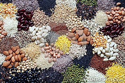 Variety kind of dry organic cereal and grain seeds pile Stock Photo