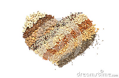 Variety kinds of natural cereal and grain seeds in heart shape on white background Stock Photo